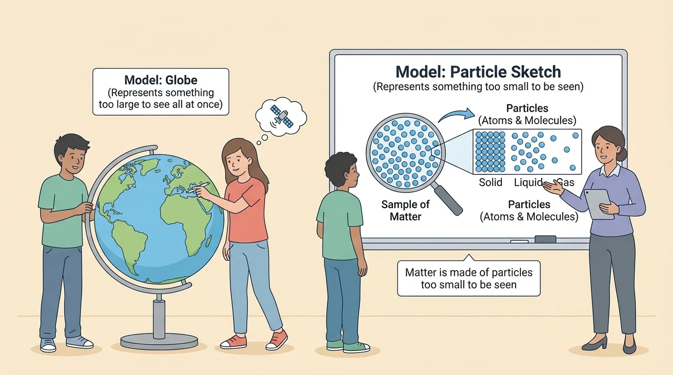 Students comparing a globe and a simple particle sketch on a classroom board to show how models represent things too large or too small to see