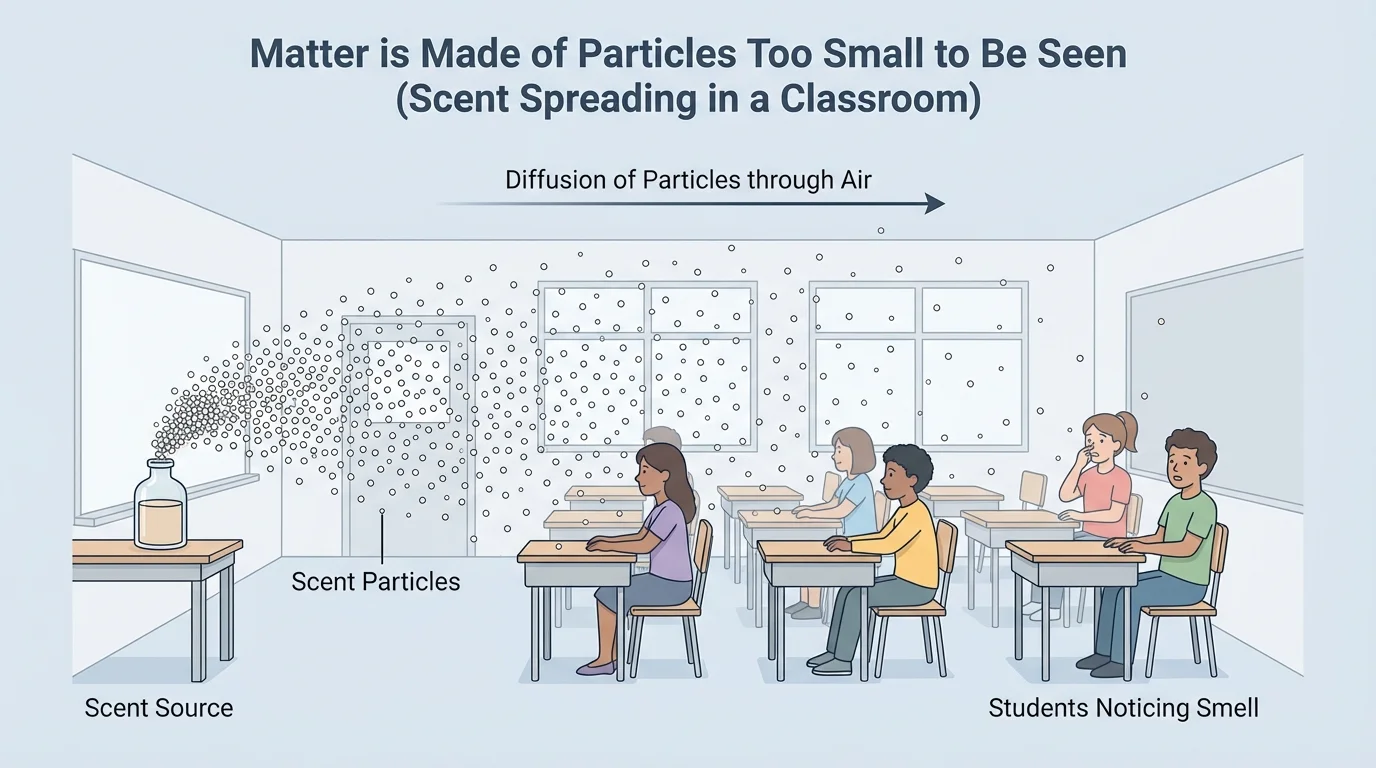 A classroom with a scent source on one side and many tiny dots spreading through the air across the room toward students noticing the smell