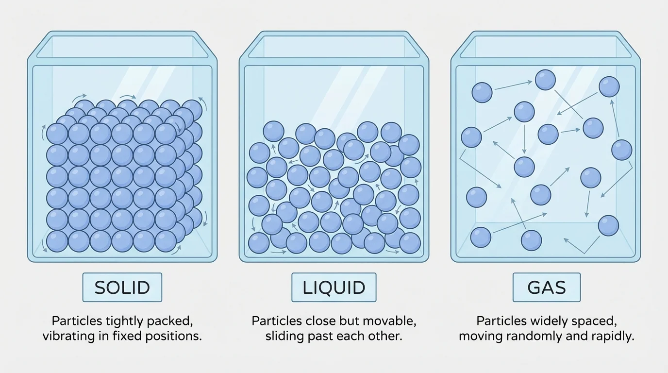 Three side-by-side labeled boxes showing particle arrangements in a solid, liquid, and gas with particles tightly packed, close but movable, and widely spaced