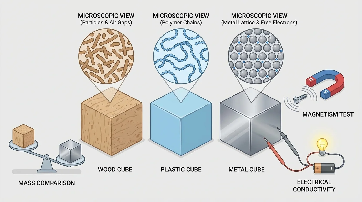 Equal-size cubes of wood, plastic, and metal beside a balance, a magnet, and a simple conductivity tester for comparing material properties