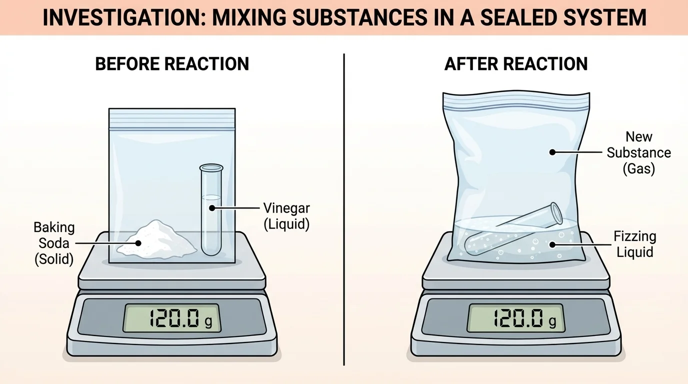 sealed plastic bag with baking soda and vinegar before and after reaction on a balance reading the same mass