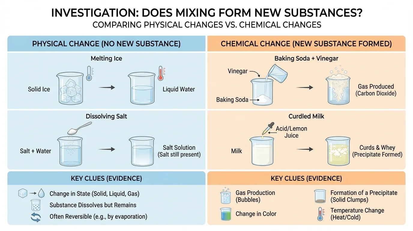 comparison chart with examples such as melting ice, dissolving salt, baking soda plus vinegar, and curdled milk with key clues