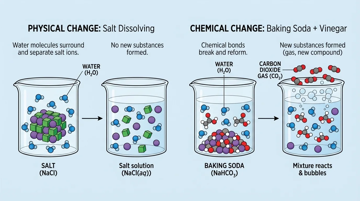 particle diagram comparing salt dissolved in water with baking soda and vinegar forming gas bubbles and new particles