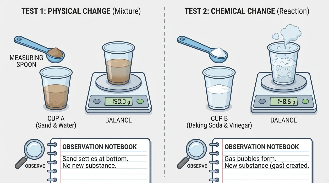 labeled investigation setup with two cups, measuring spoon, balance, and observation notebook for testing mixtures