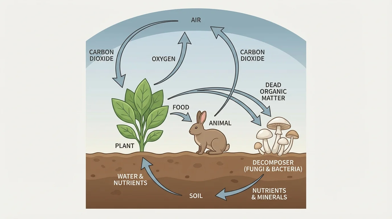 Simple ecosystem diagram with plant, rabbit, mushroom, soil, and air, arrows showing matter moving among them