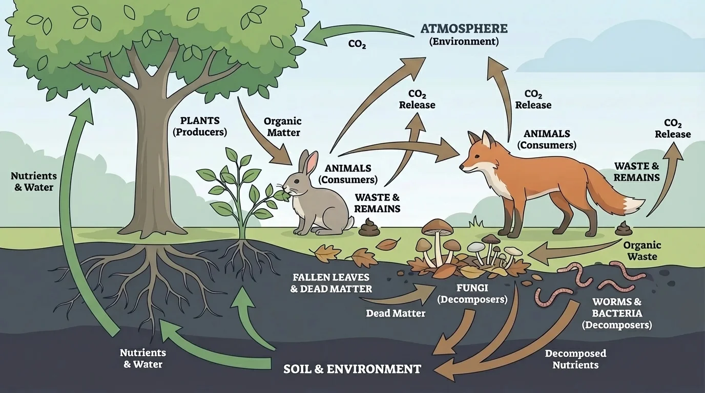 Forest floor scene with fallen leaves, droppings, fungi, worms, and arrows back into soil