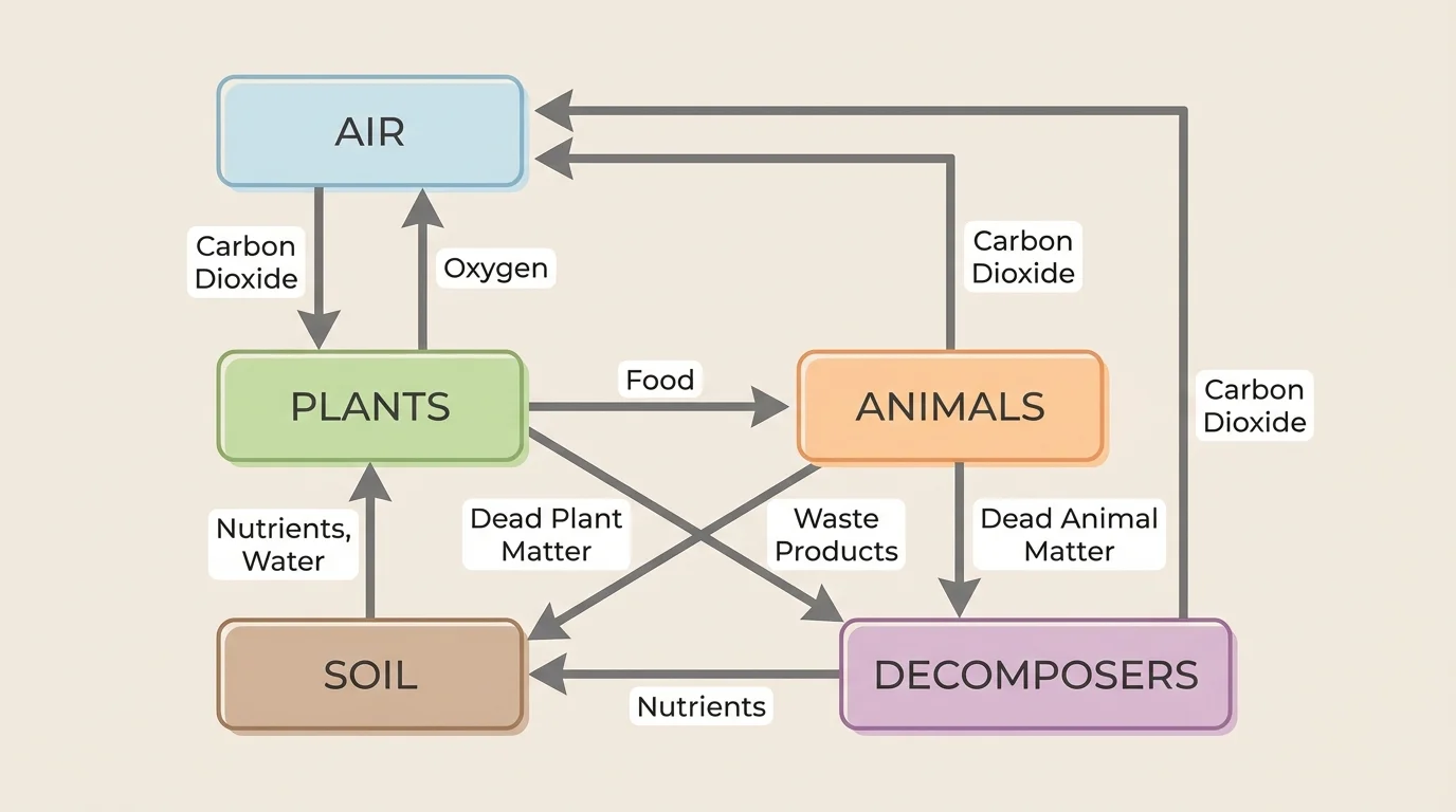 Flowchart with boxes labeled air, soil, plants, animals, decomposers, and arrows showing matter pathways