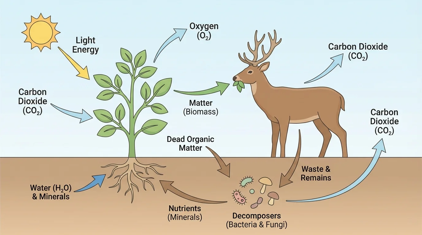 Diagram of a plant absorbing water from soil and taking in carbon dioxide from air, with a deer eating leaves