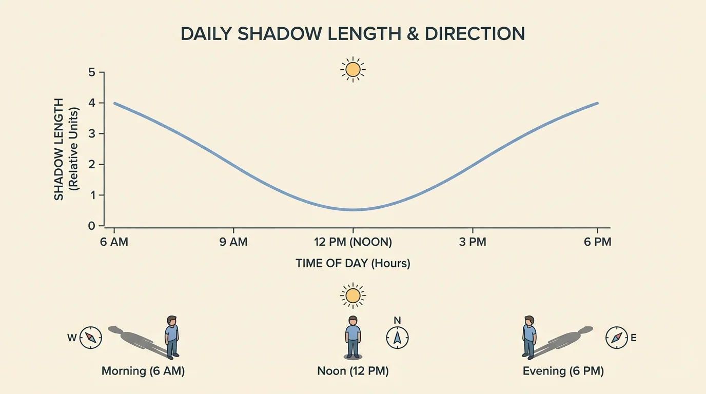Line graph with time of day on horizontal axis and shadow length on vertical axis, dropping toward noon then rising again