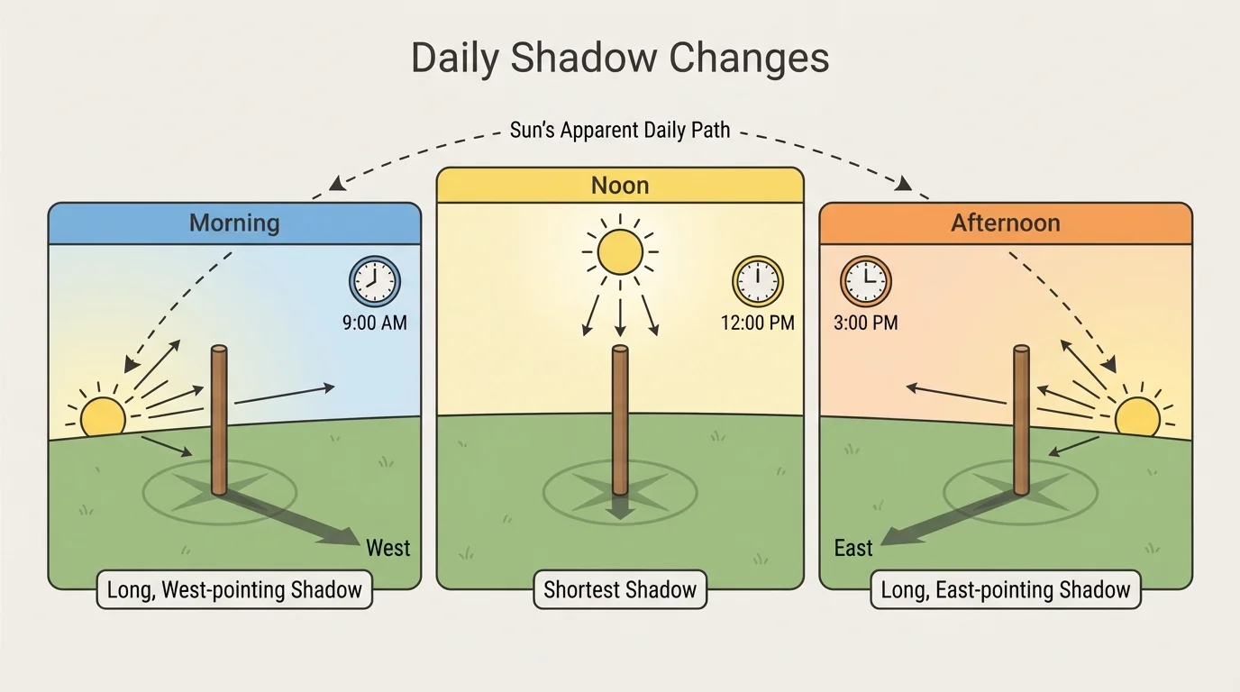 Schoolyard scene with one stick at three times of day showing long west-pointing morning shadow, short noon shadow, and long east-pointing afternoon shadow