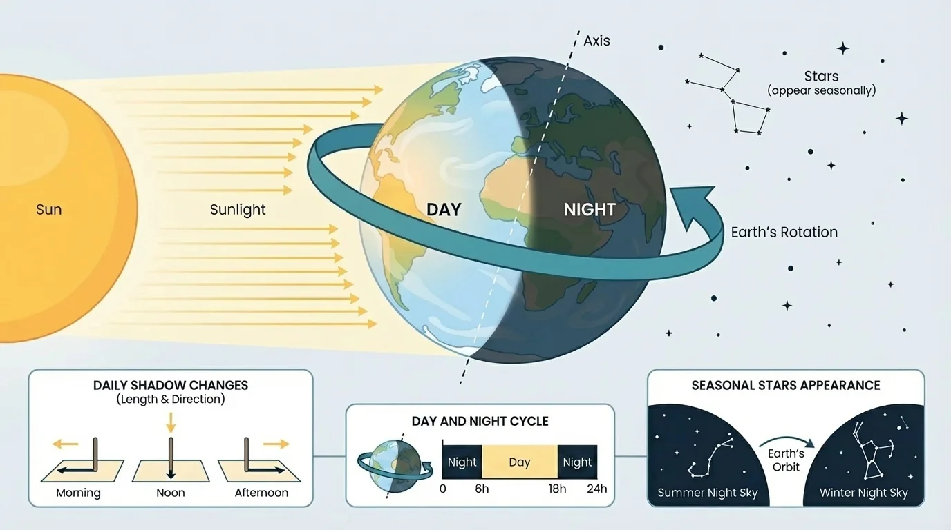 Diagram of Earth with sunlight on one side and darkness on the other, arrow showing rotation
