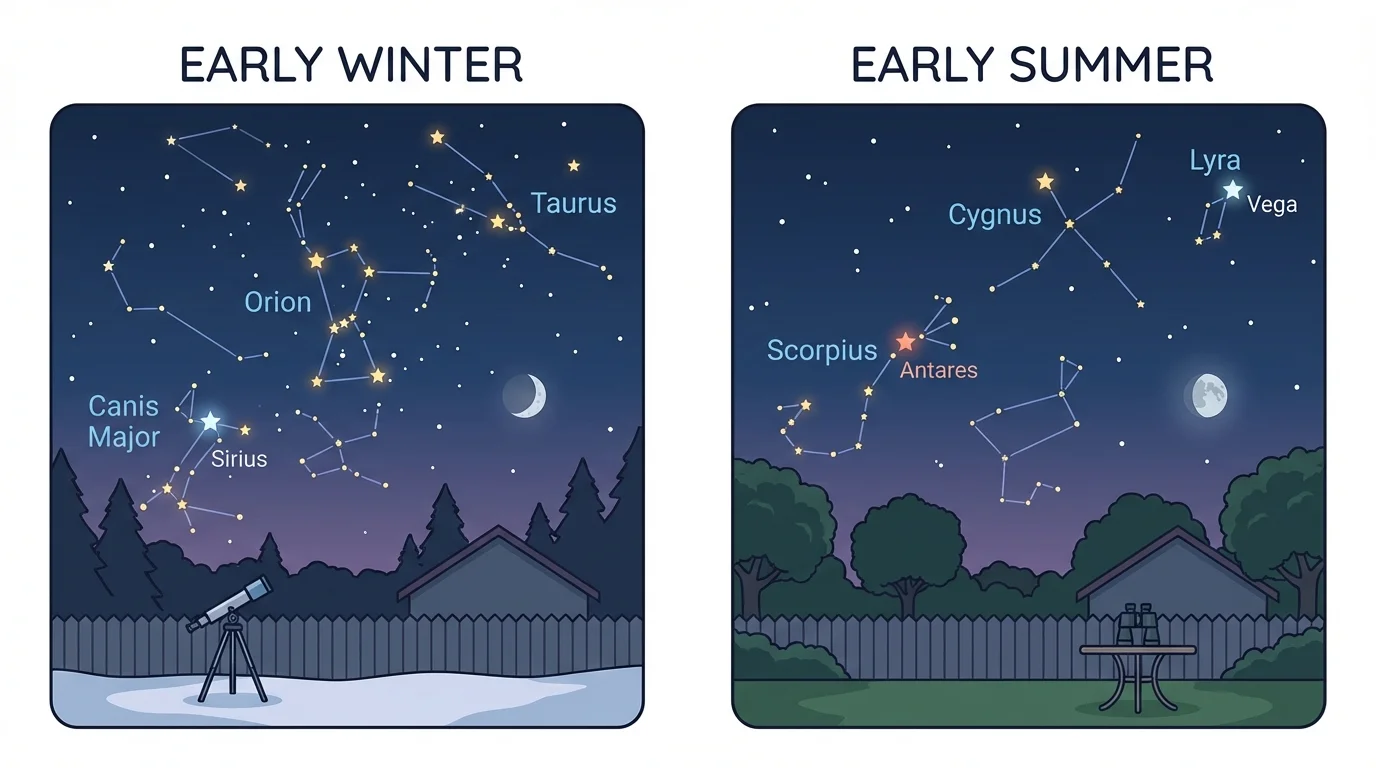 Two night-sky views from the same backyard, one labeled early winter and one labeled early summer, each with different star patterns visible