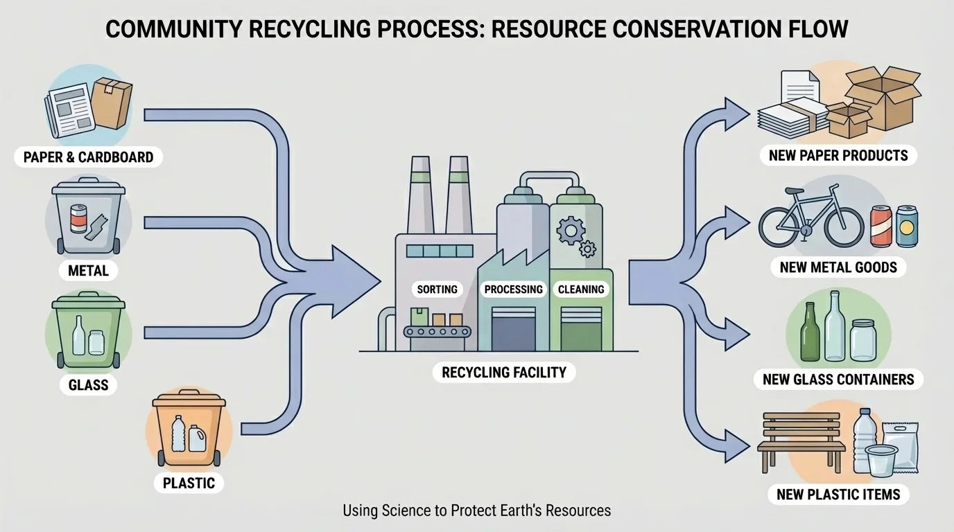 materials sorted into paper, metal, glass, and plastic bins with arrows leading to a recycling center and then to new products