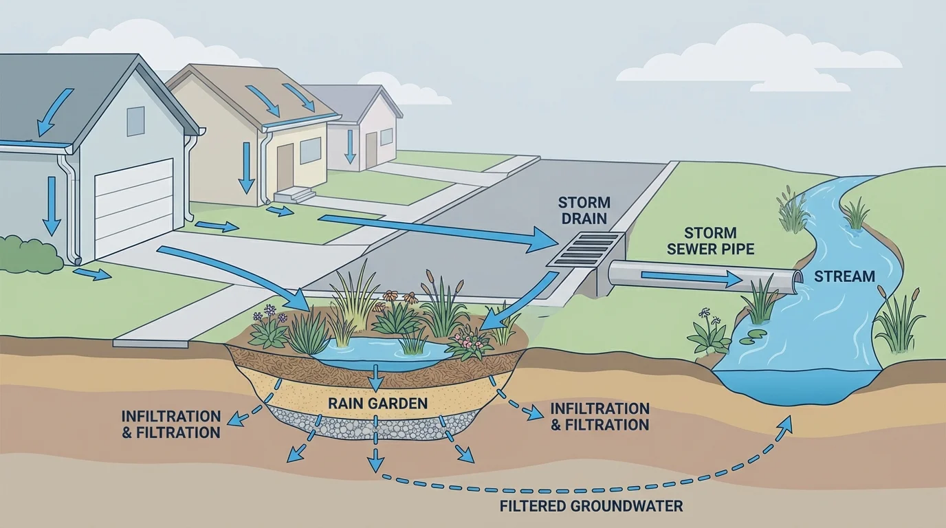 neighborhood with rooftops, street, storm drain, rain garden, nearby stream, and arrows showing runoff moving either directly to the stream or soaking through the rain garden