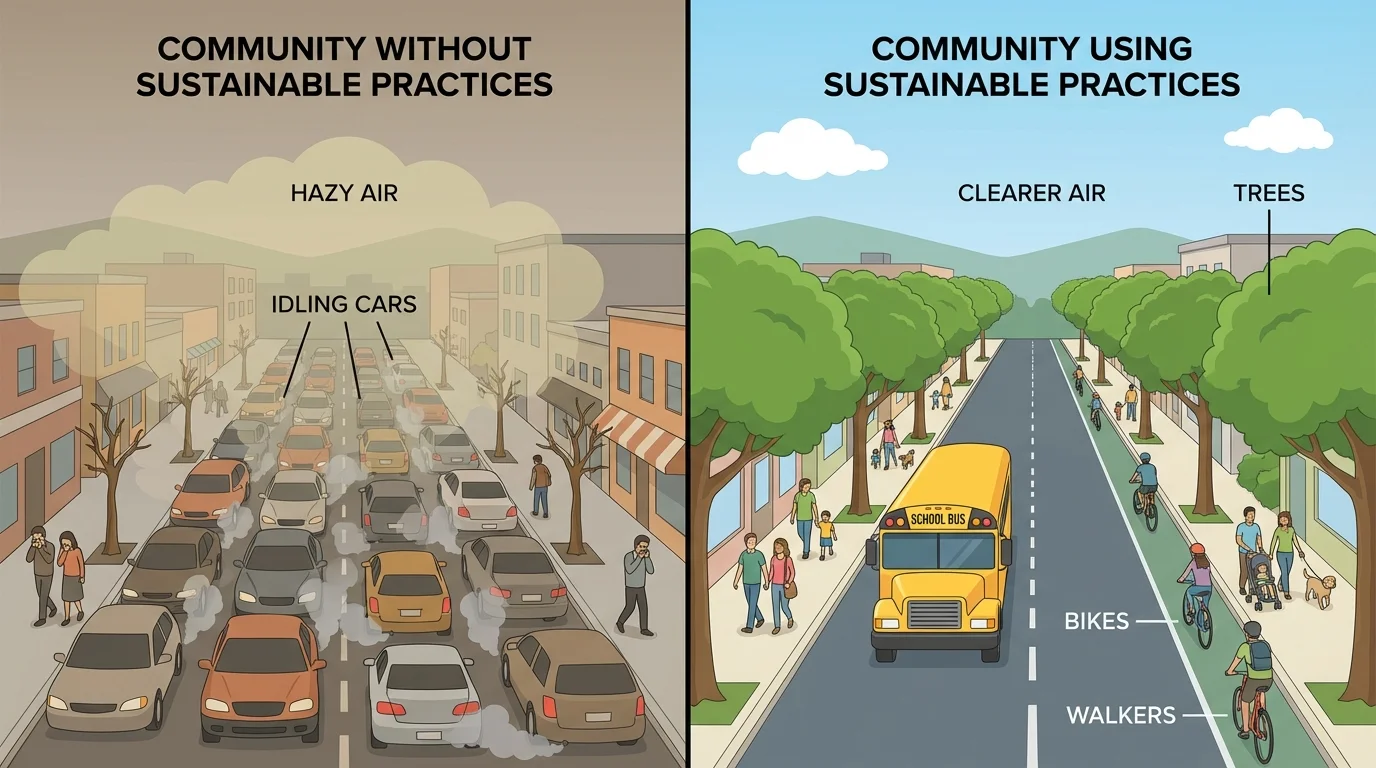 town street split into two scenes, one with many idling cars and hazy air, the other with school bus, bikes, walkers, and trees with clearer air
