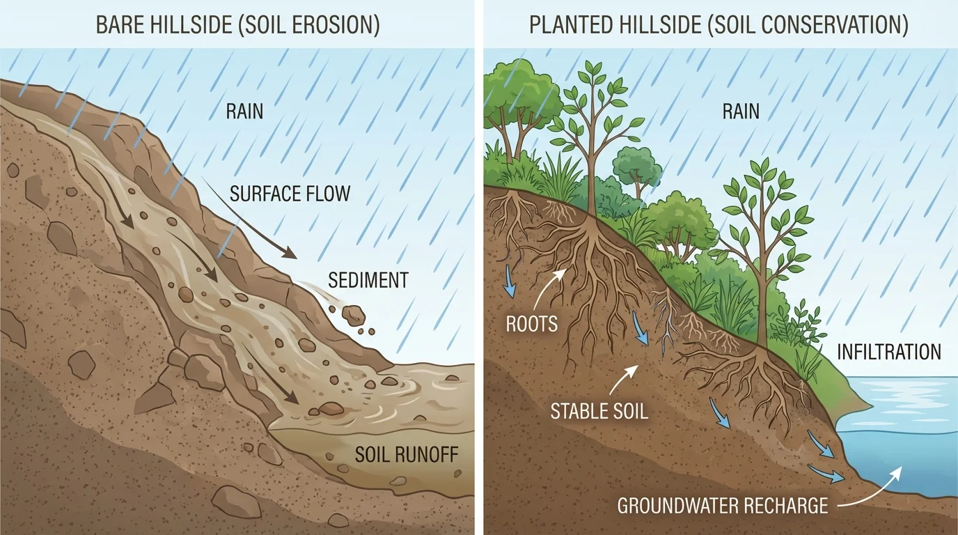 side-by-side hillside comparison with bare slope losing soil in rain and planted slope with roots holding soil in place