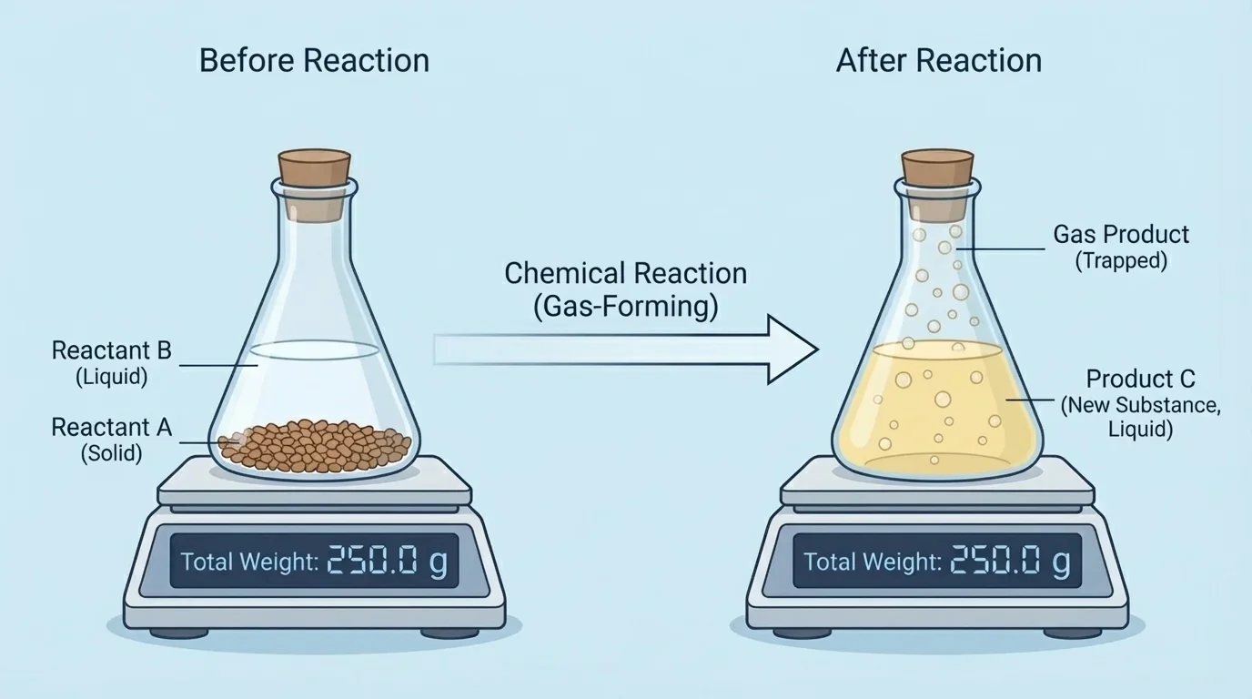 Sealed flask on a balance before and after a gas-forming reaction, with equal balance readings both times