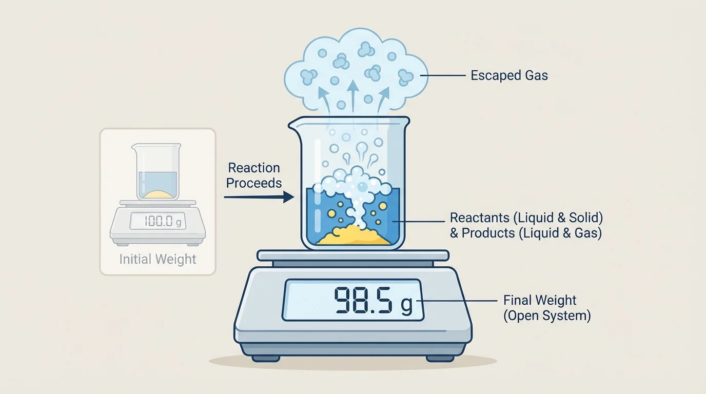 Open container on a balance with bubbling reaction releasing gas upward, showing lower reading after gas escapes