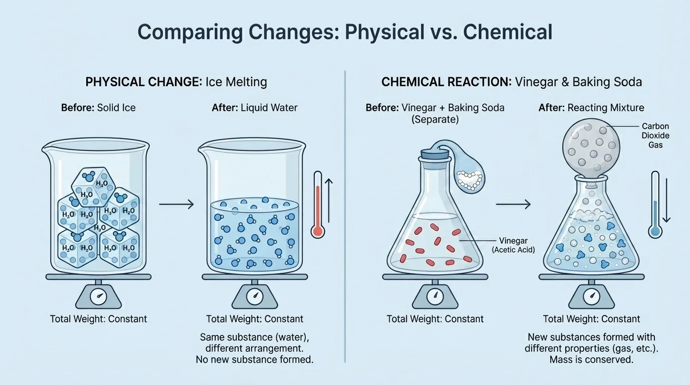 Particle comparison showing ice melting as the same water particles spreading out, and vinegar plus baking soda reacting to form different particles including gas bubbles