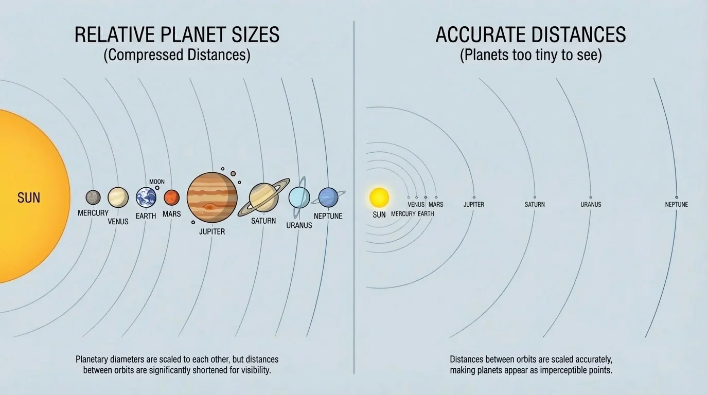 Two side-by-side solar system models, one showing accurate relative planet sizes but compressed distances, the other showing accurate distances with planets too tiny to see