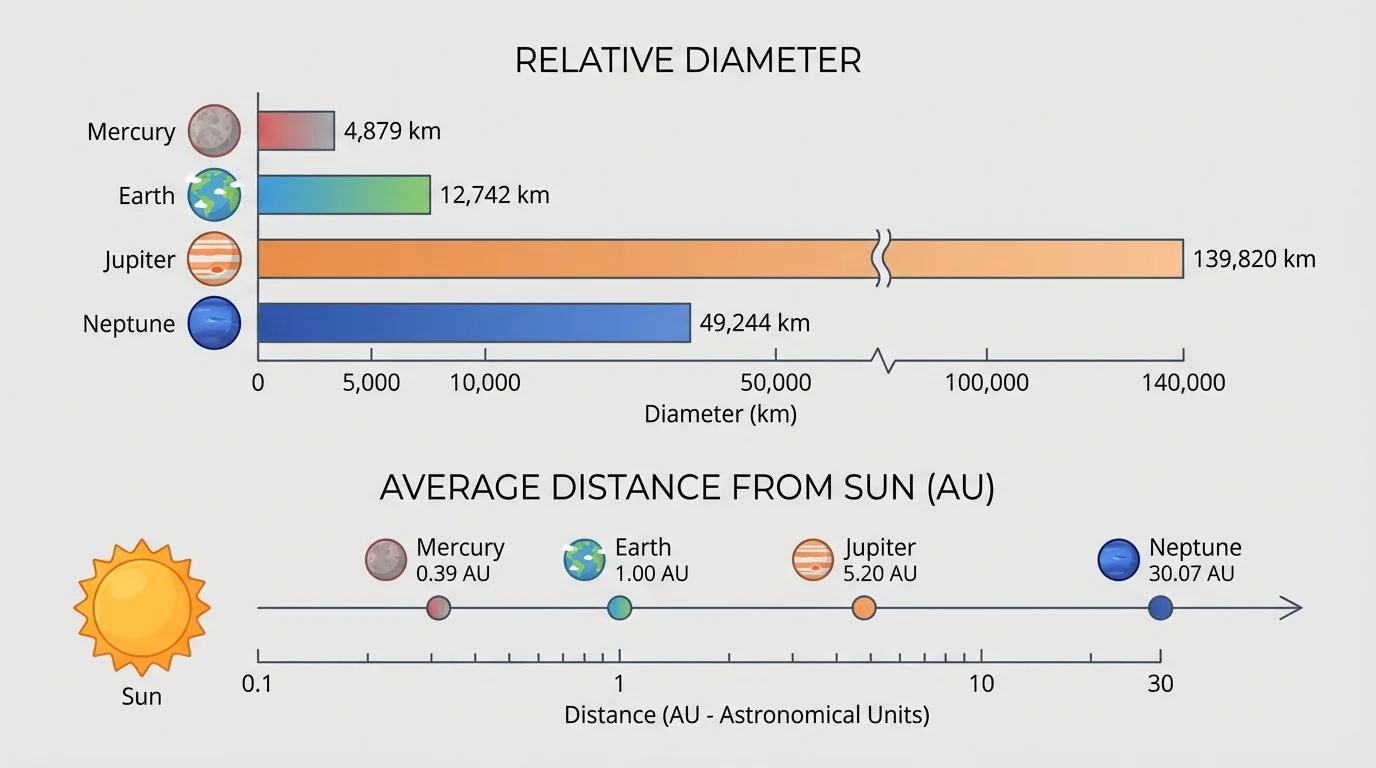 Comparison chart with relative diameter bars and average distance markers for Mercury, Earth, Jupiter, and Neptune