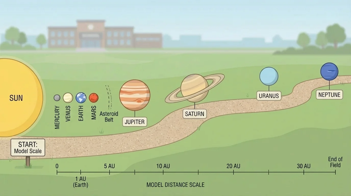 School field scale model with Sun marker at one end and planet markers spaced increasingly far apart, inner planets close and outer planets far away