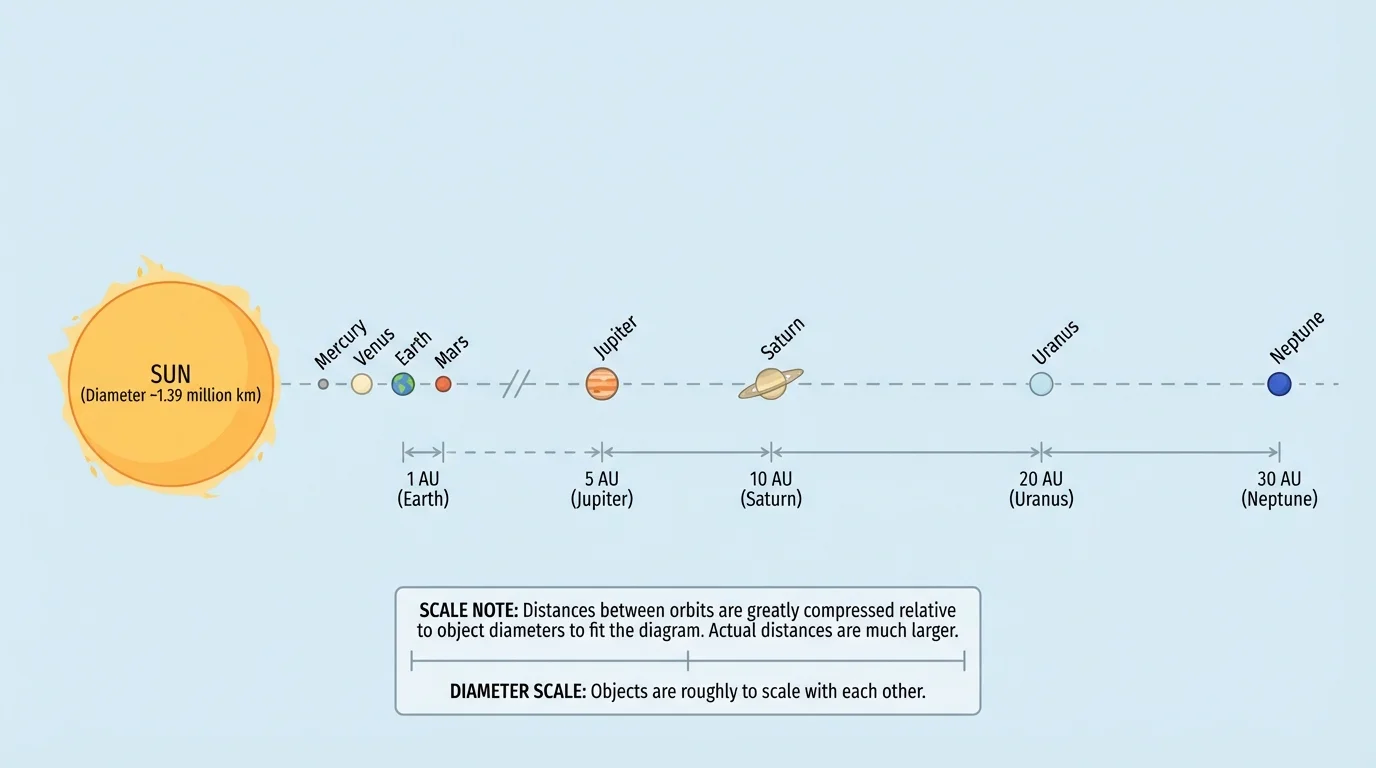 Simplified solar system line model showing large Sun, tiny planets, and very large gaps between orbital positions, emphasizing difference between object diameter and distance