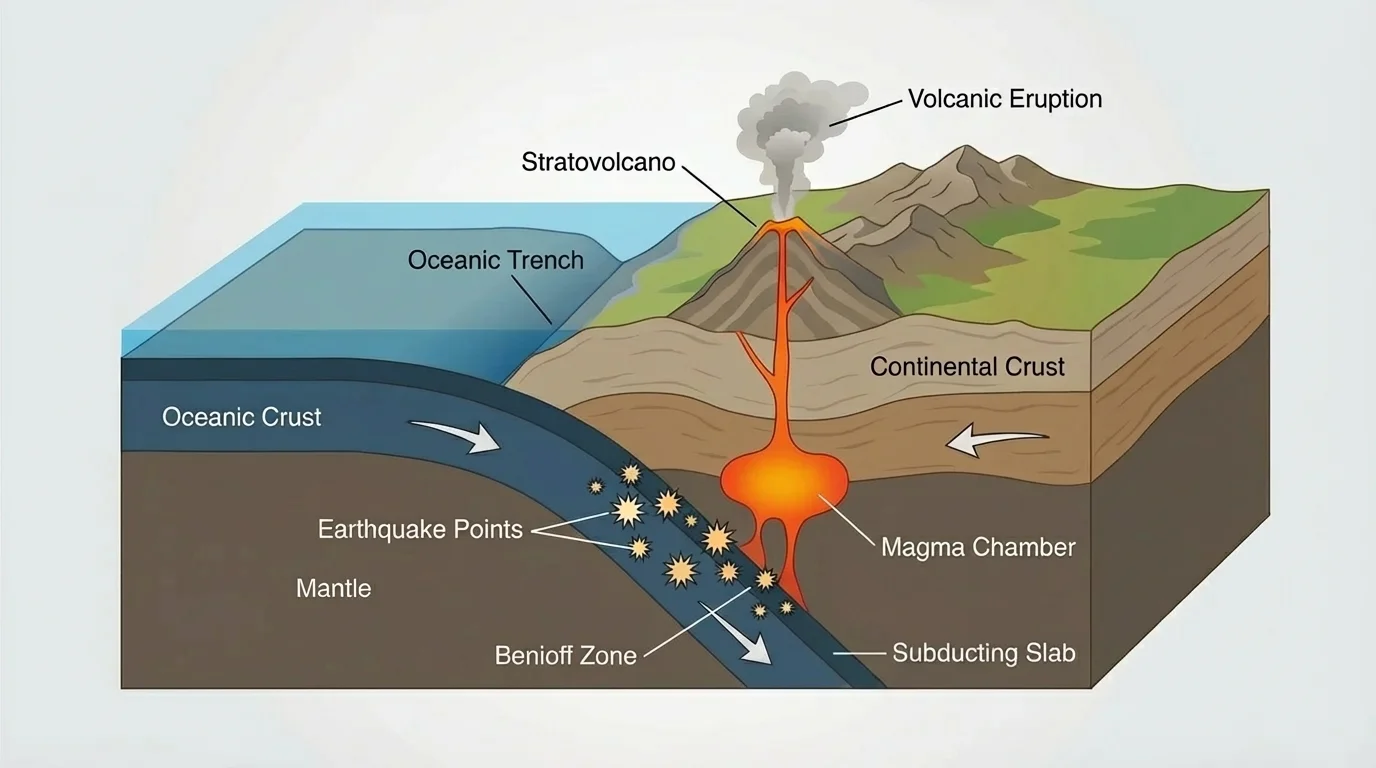 Cross-section of a subduction zone with oceanic plate diving under continental plate, magma rising, volcano, and earthquake points