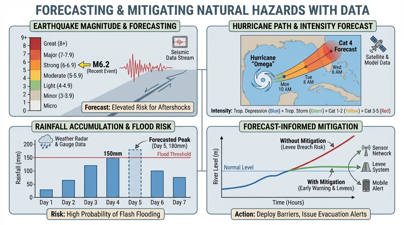 Multi-panel data display with earthquake magnitude scale, hurricane path map inset, rainfall bars, and rising river-level line