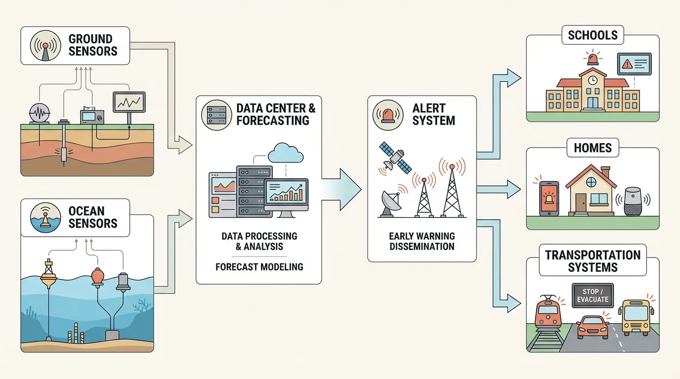 Early warning system flowchart from ground or ocean sensors to data center to alerts sent to schools, homes, and transportation systems