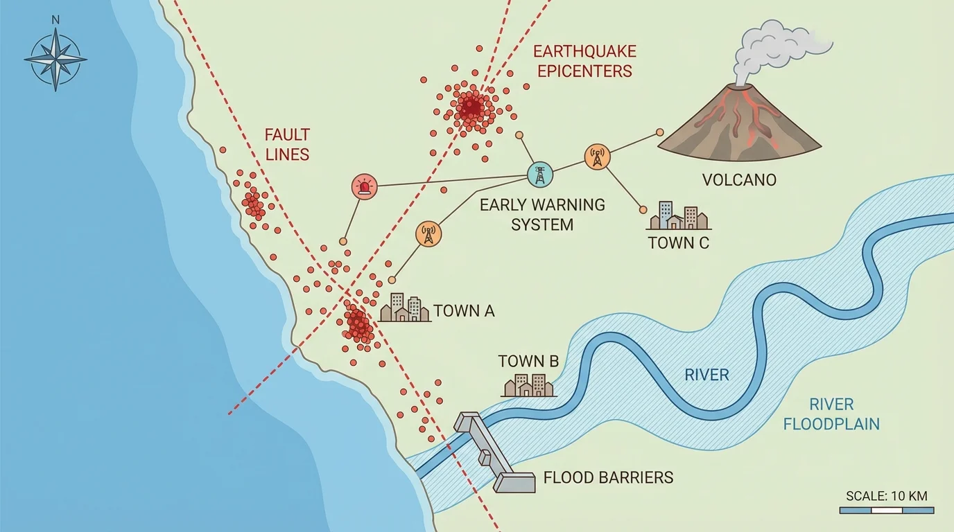 Regional hazard map with faults, earthquake dots, volcano, river floodplain, and towns labeled simply