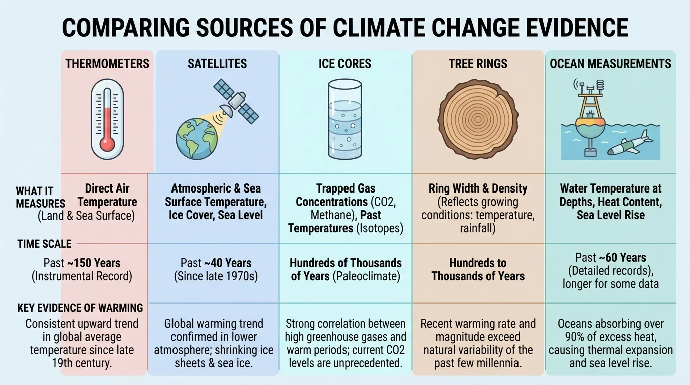 comparison chart of climate evidence sources including thermometers, satellites, ice cores, tree rings, and ocean measurements, with simple icons and labels showing what each measures