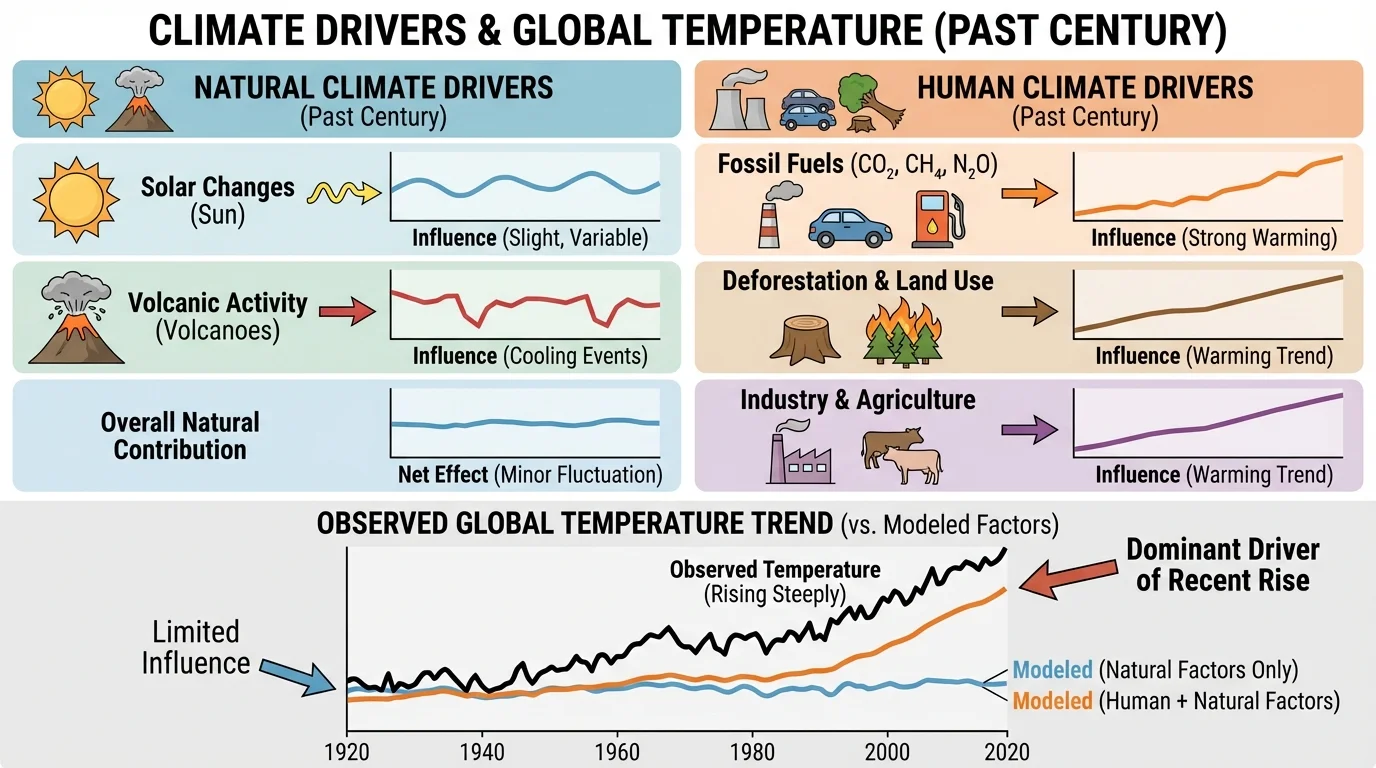 side-by-side comparison chart of natural climate drivers such as solar change and volcanoes versus human drivers such as fossil fuels, deforestation, and industry, highlighting stronger recent human influence
