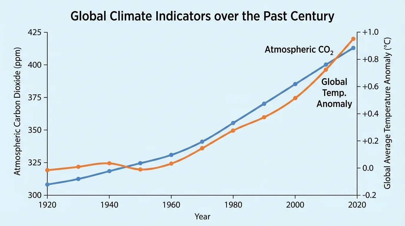 line graph across the past century showing atmospheric carbon dioxide increasing and global average temperature anomaly increasing on the same timeline