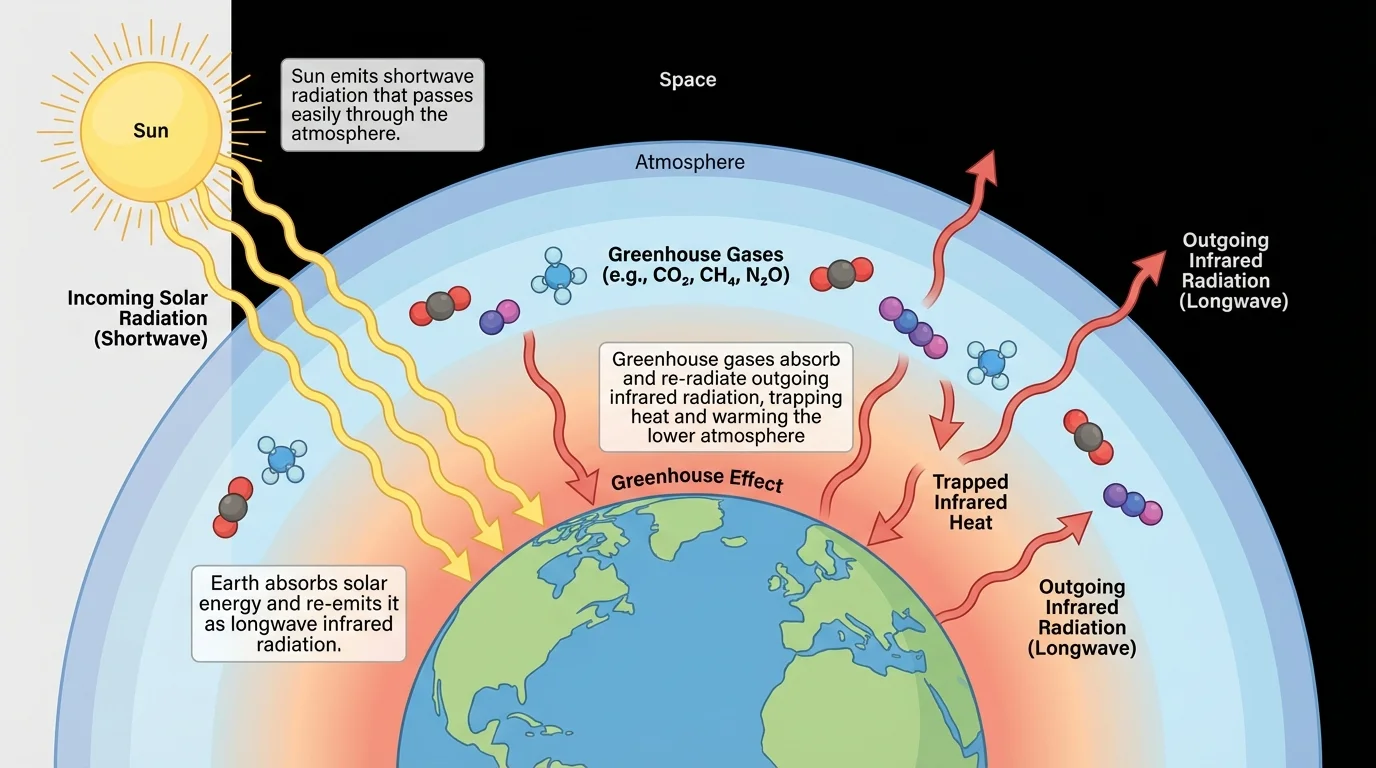 Earth-atmosphere diagram with incoming sunlight, outgoing infrared heat, and greenhouse gases trapping some heat around the planet