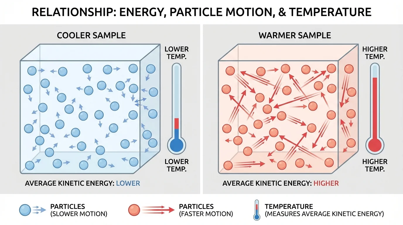 Diagram comparing particles in a cooler sample and a warmer sample, with faster motion arrows in the warmer sample and a thermometer beside each