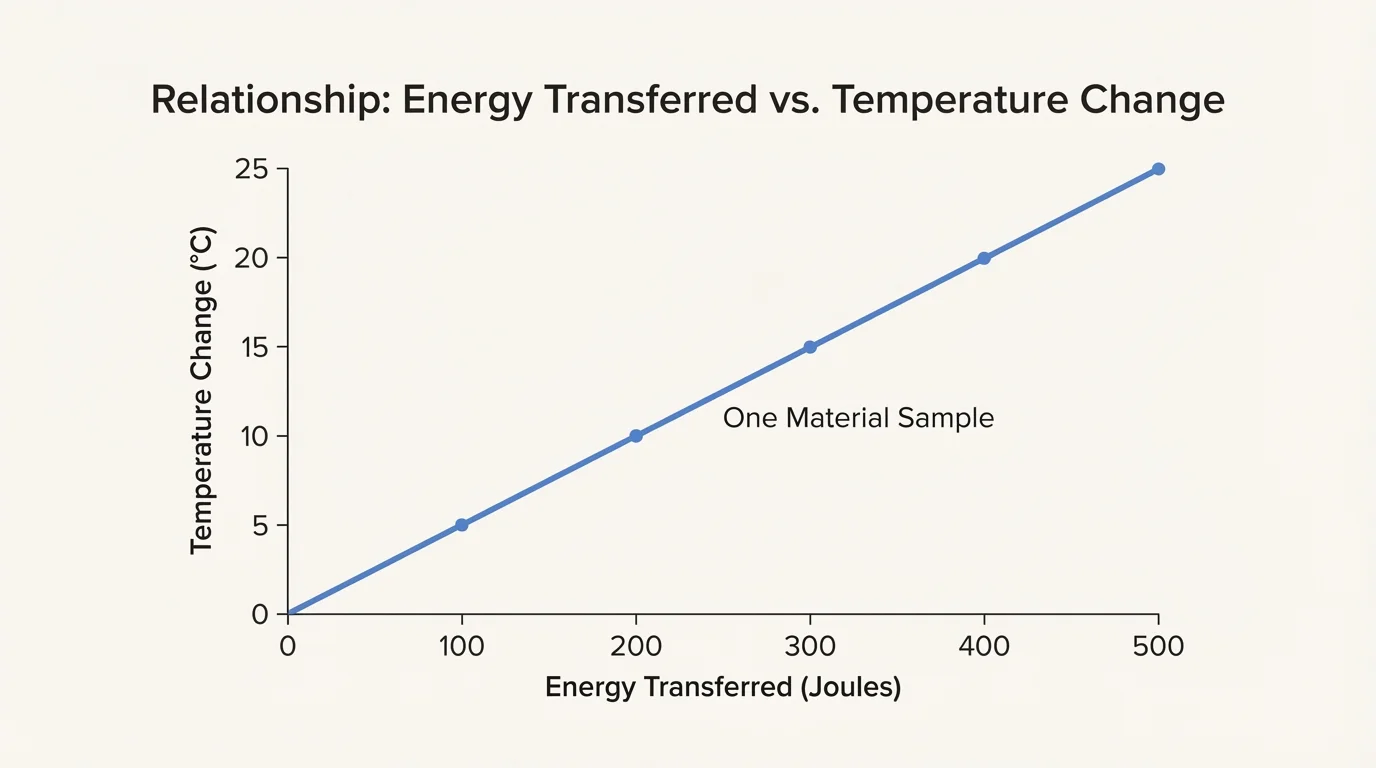 Graph with energy transferred on the horizontal axis and temperature change on the vertical axis, showing an upward trend for one material sample