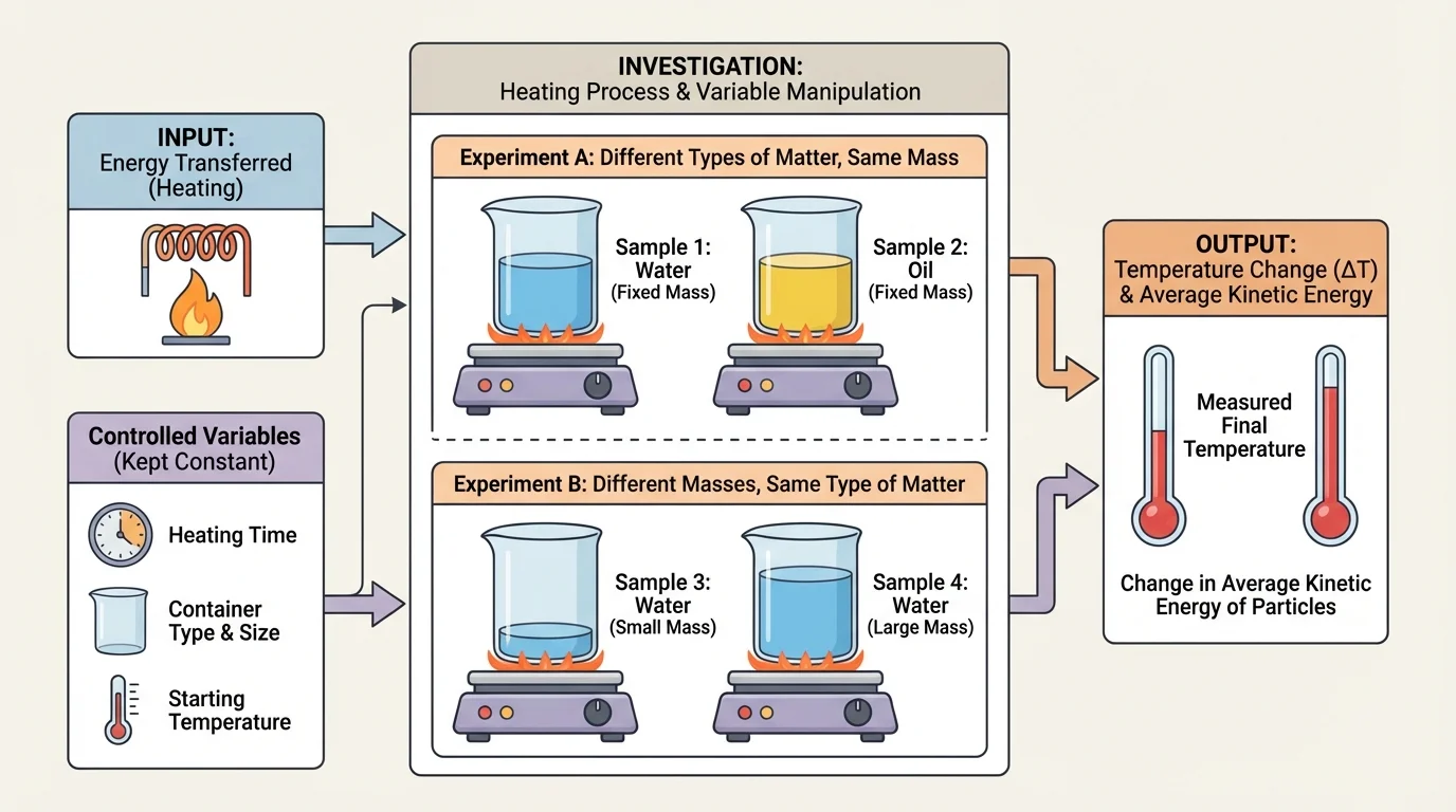 Flowchart of a heating investigation showing energy transferred as input, temperature change as output, and controlled variables such as container, starting temperature, and heating time