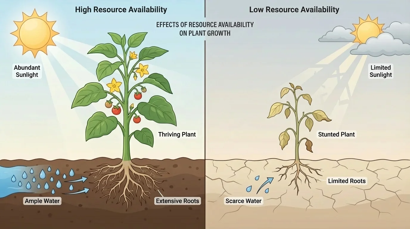 side-by-side view of the same plant thriving with enough sunlight and water versus stunted growth with limited resources