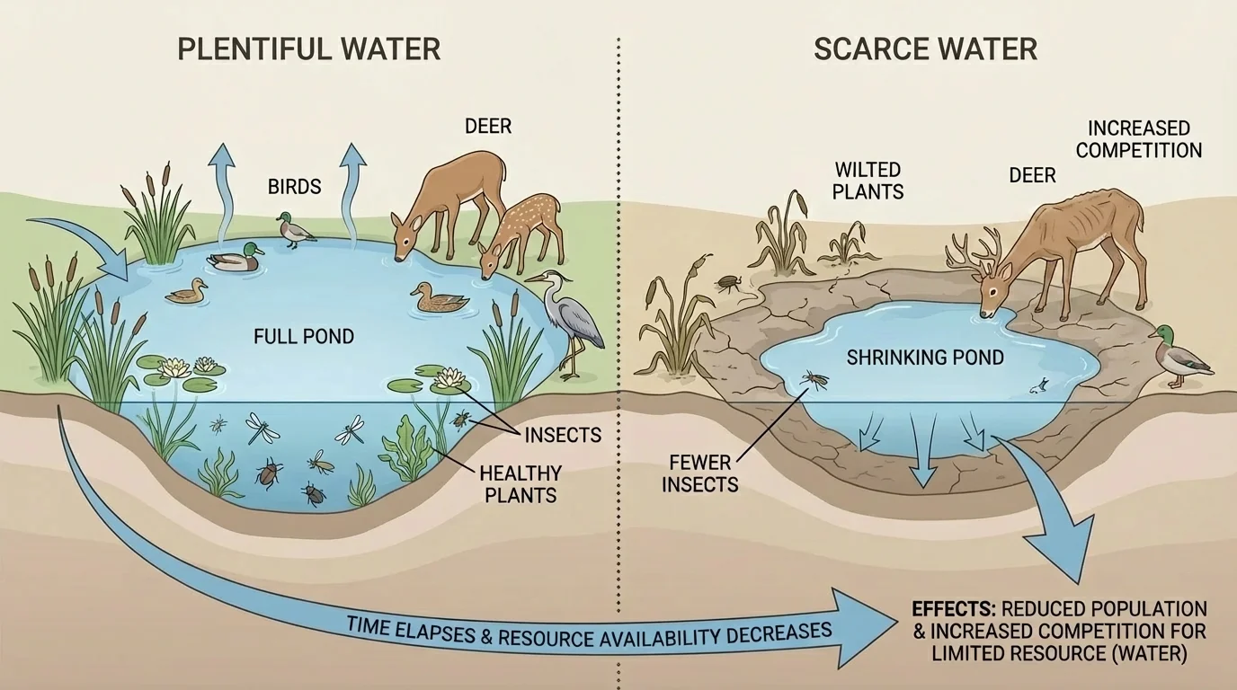 shrinking pond with deer, birds, insects, and plants all depending on the same limited water source