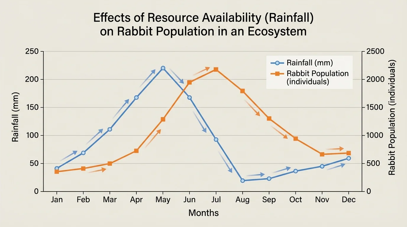 line graph with months on the x-axis and two lines showing rainfall and rabbit population, making trend comparison clear