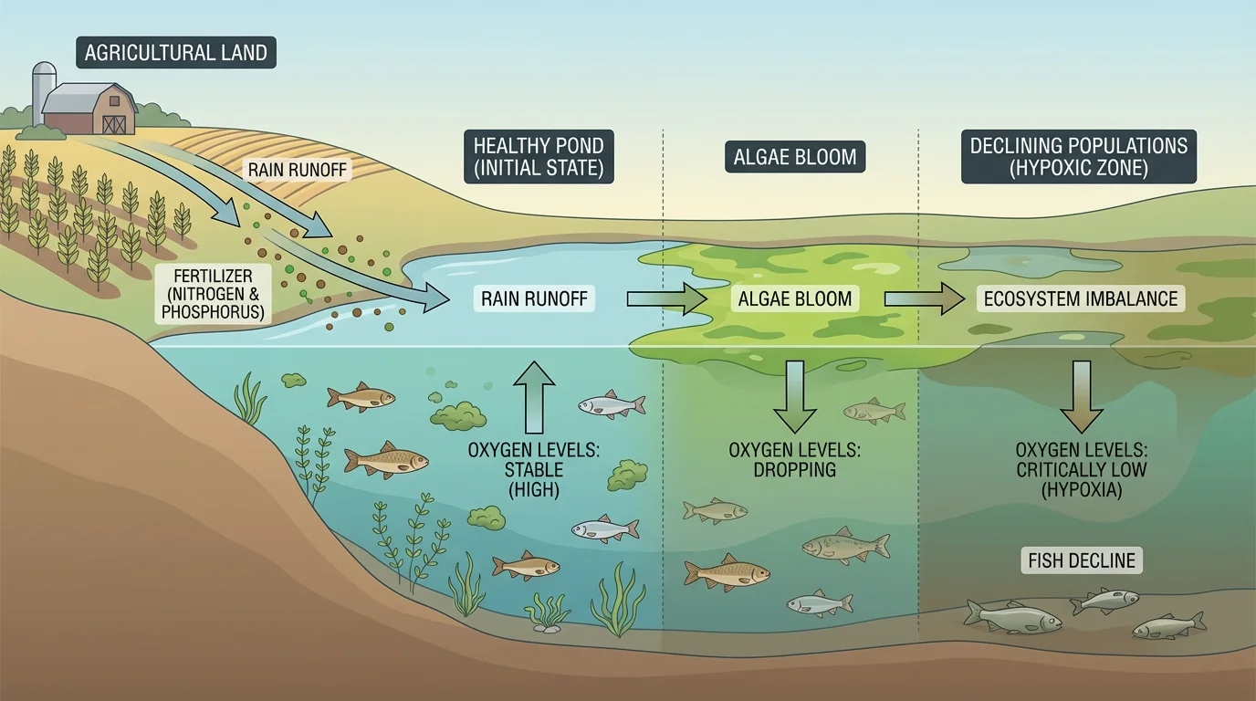rain runoff carrying fertilizer into a pond, algae bloom forming, oxygen levels dropping, and fish numbers declining