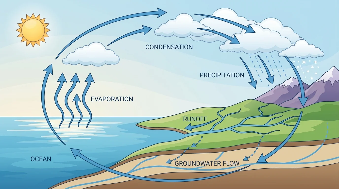 Water cycle diagram with evaporation from ocean, condensation in rising air, precipitation over land, runoff, and return to ocean