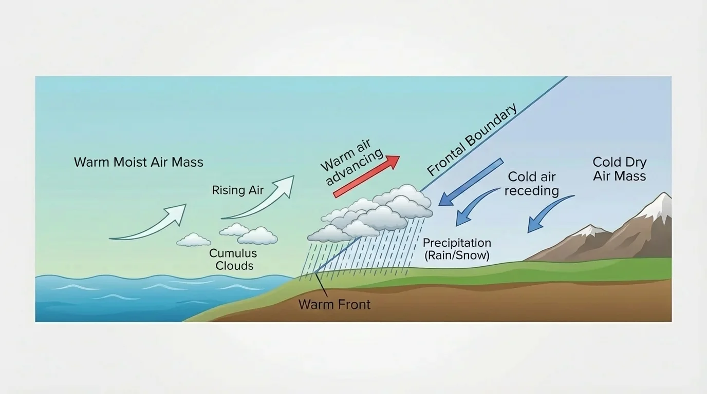 Two air masses meeting — warm moist air from ocean and cold dry air from land, with arrows showing movement