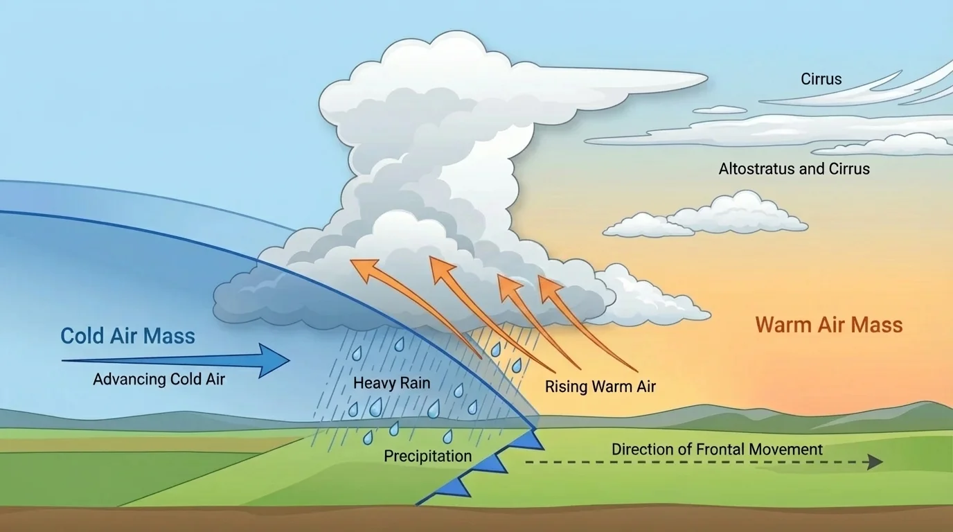 Cross-section diagram of a cold front with dense cold air wedging under warm air and rising clouds and rain