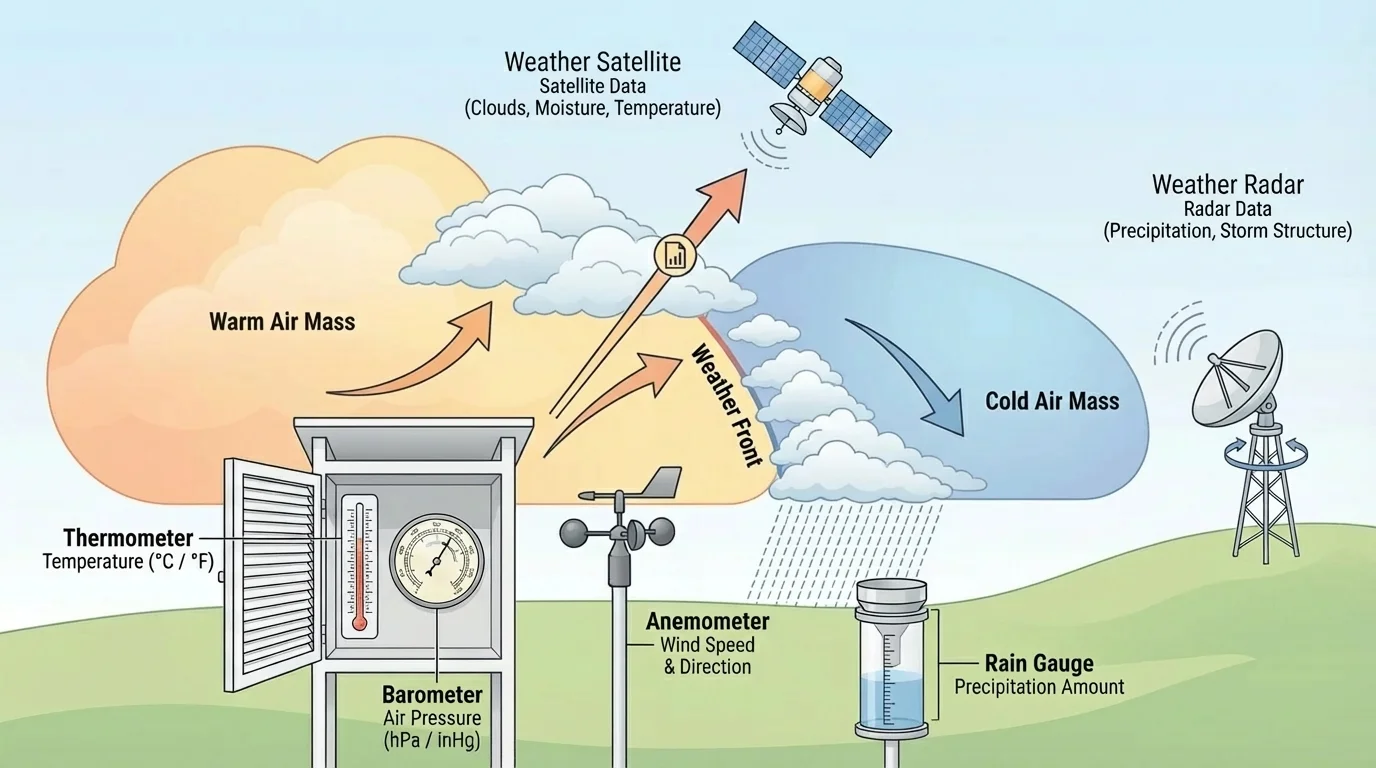 Weather data collection setup with thermometer, barometer, anemometer, rain gauge, and arrows to satellite and radar data