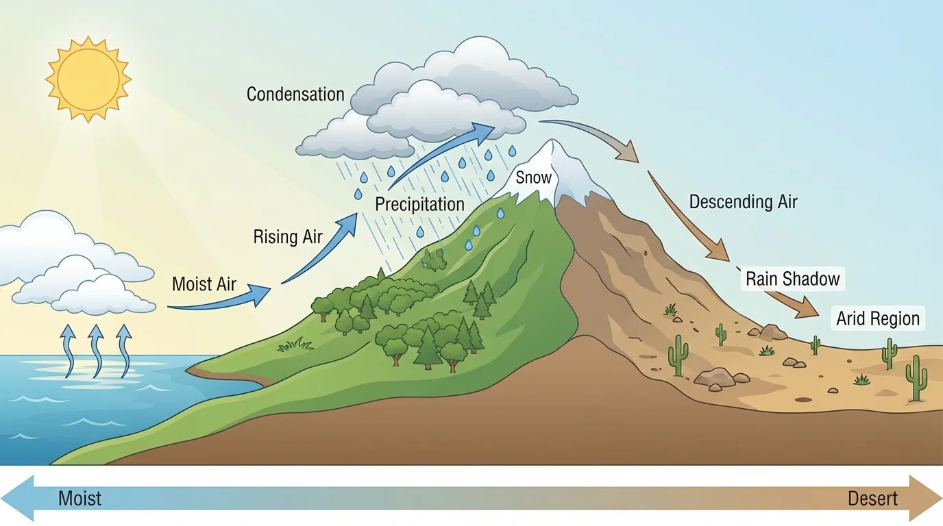 Mountain rain shadow with moist air rising on windward side, cloud formation and rain, then dry descending air on leeward side with desert-like conditions