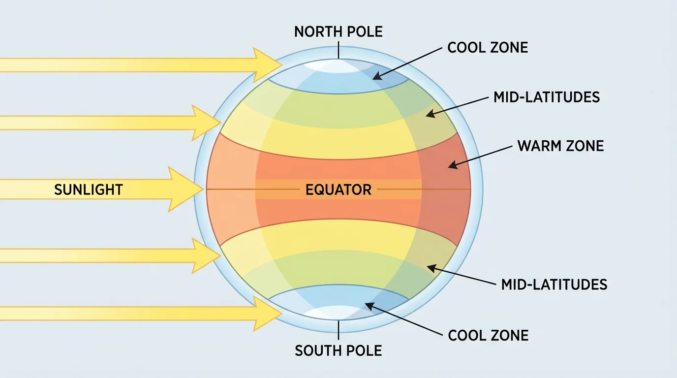 Sunlight striking Earth directly at the equator and at a slant near the poles, with equator, mid-latitudes, poles, and warm-to-cool zones labeled