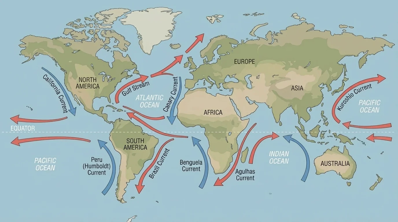 Simplified world map with major warm and cold surface ocean currents shown as colored arrows near continents and labeled equator, Atlantic, Pacific, and Indian oceans