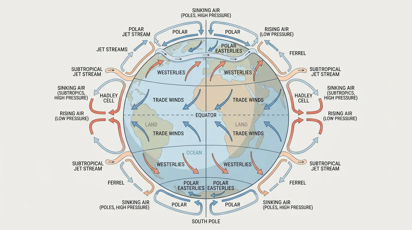 Simplified global atmospheric circulation with equator, subtropics, poles, rising and sinking air cells, trade winds, westerlies, polar easterlies, and jet stream bands